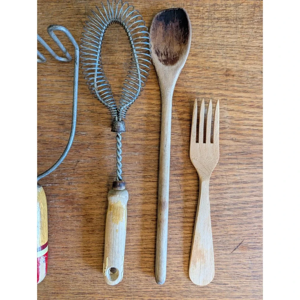 Vintage Kitchen Utensil Lot Wood Spoons Potato Masher Whisk Farmhouse Decor 7pc